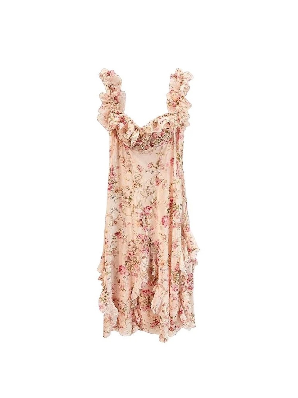 Ruffled Floral Midi Dress in Blush Pink